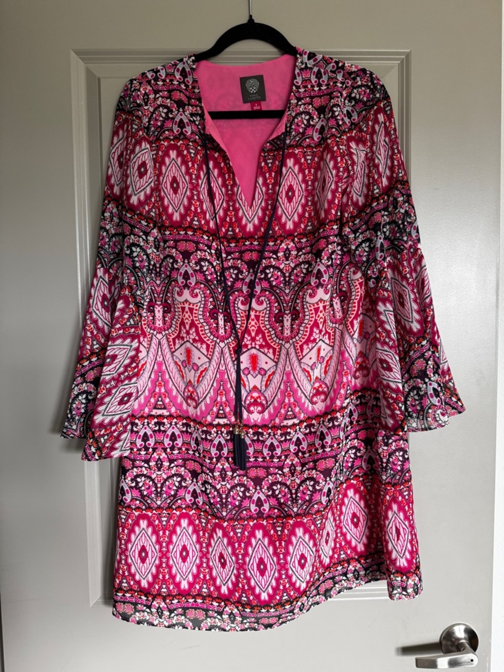 Vince Camuto Pink Paisley-Print Blouse with Black Trim